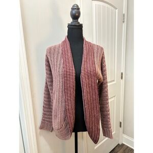 PINK ROSE Two Tone Chunky Knit Cardigan Sweater Woven Detail Burgundy Pink S‎ S